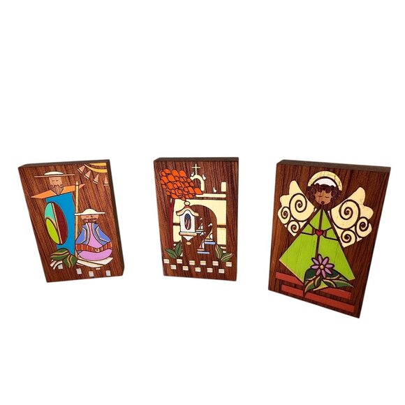 Lesodi Puerto Rican Art Hand Painted Wooden Set Of 3 Angel Church Colorful - Picture 2 of 13